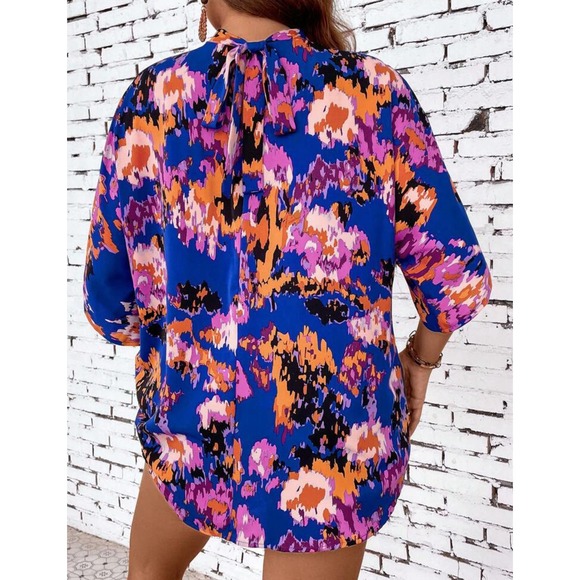 Shein Tops - SHEIN VCAY Plus Allover Print Mock Neck Blouse floral and royal blue 2X